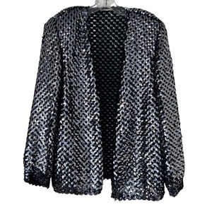 Vintage Black & Silver Sequin Chevron Open-Front Cardigan M